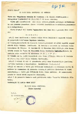Decreto di confisca degli oggetti e valori confiscati a Schulim Vogelmann durante l'arresto emesso dal capo della provincia di Sondrio, 19 aprile 1944